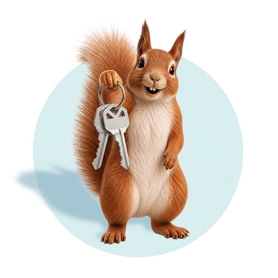 Bernie the Squirrel, holding a set of house keys