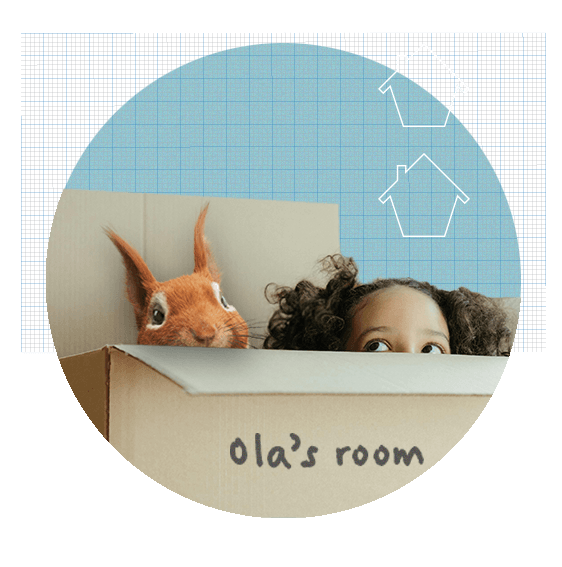 Child's head and squirrel's head popping out of a cardboard box. Ola's room written on the front of the box