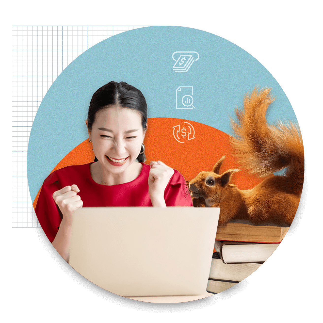 Asian lady smiling looking at laptop with fists in air. Squirrel sitting on pile of books next to her.