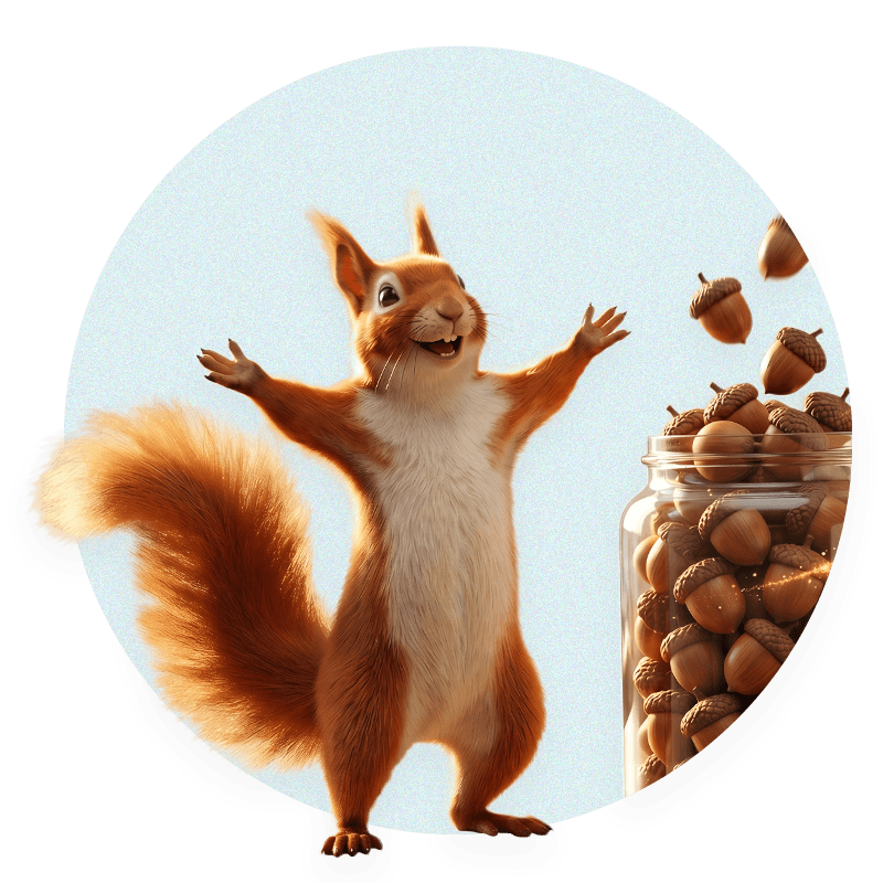 Bernie the Squirrel with arms out wide standing in front of a jar full of acorns