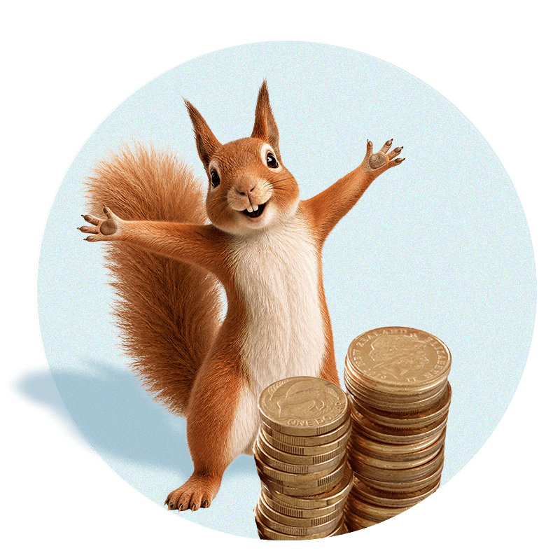 Bernie the Squirrel standing in front of bunch of New Zealand gold coins