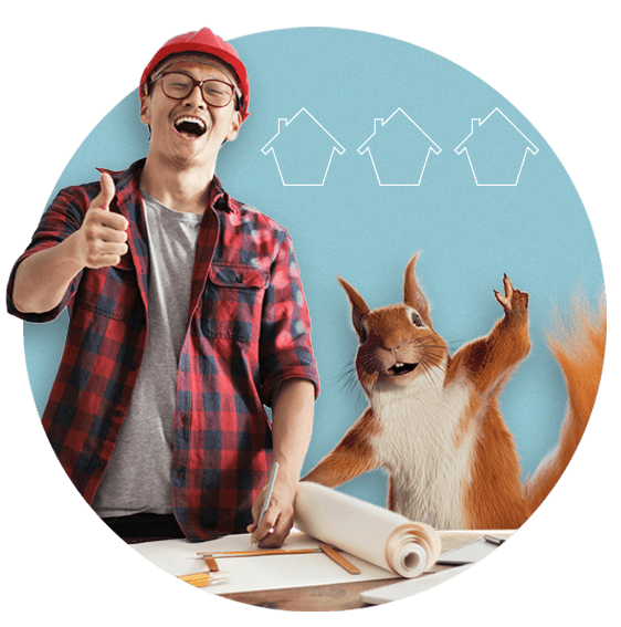 Builder with some plans on a table with his thumbs up and Squirrel standing next to him