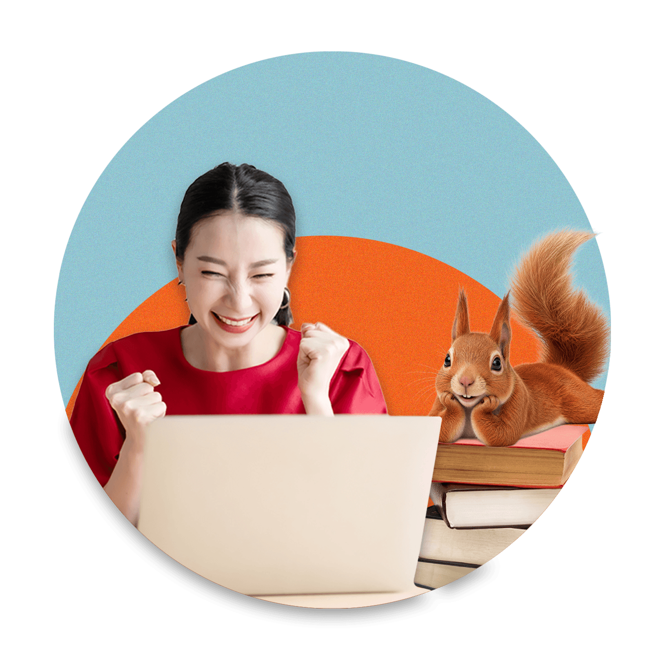 Lady looking at laptop with her fists in the air celebrating, Squirrel sitting on books next to her