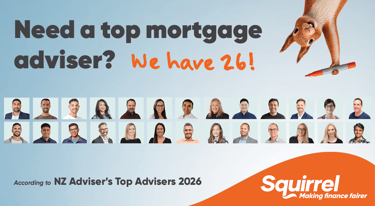 Image of the 26 Squirrels named on NZ Adviser's top adviser list for 2026—with the copy "Need a top mortgage adviser? We have 26!"