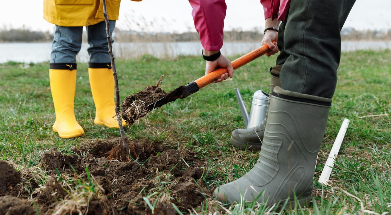 Two people in gumboots digging a hole in a field.