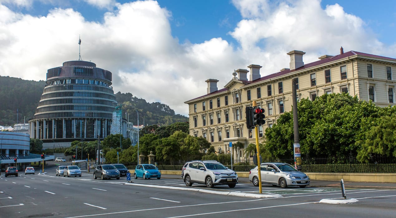 Beehive and Old Parliament buildings in Wellington, New Zealand