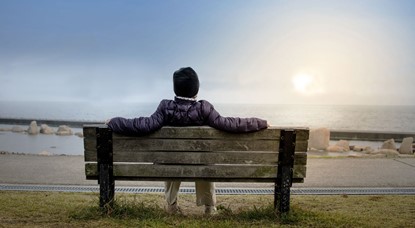 Back of person sitting on park bench, facing the ocean